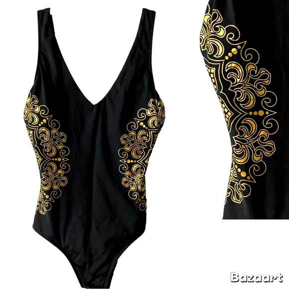 CUPSHE Foil Blink swimsuit, One Piece,Sz M, Gold metallic foil embellishment,NWT - Picture 2 of 16